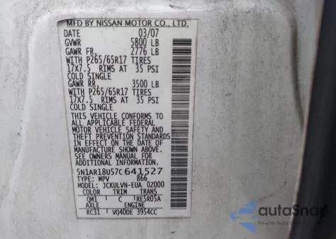 2007 Nissan Pathfinder Le from USA, damaged, VIN 5N1AR18U57C641527